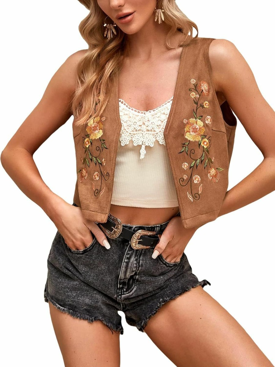 Verdusa Verdusa Women'S Floral Embroidery Open Front Cowgirl Vest Sleeveless Crop Vest Jacket | Coats, Jackets & Vests