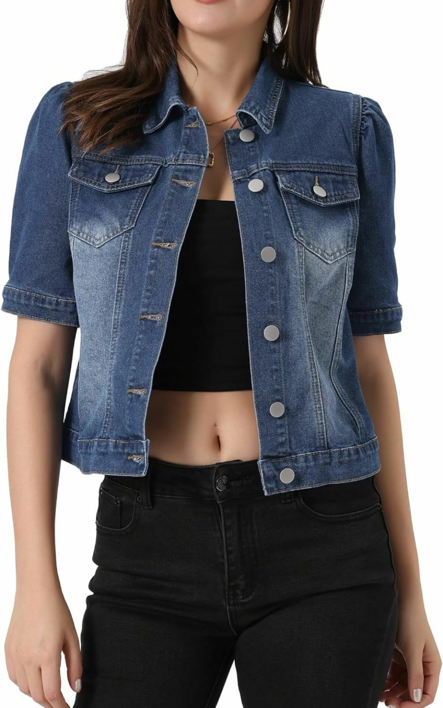 Allegra K Allegra K Casual Jacket For Women'S Short Puff Sleeves Button-Down Jean Denim Jacket | Coats, Jackets & Vests