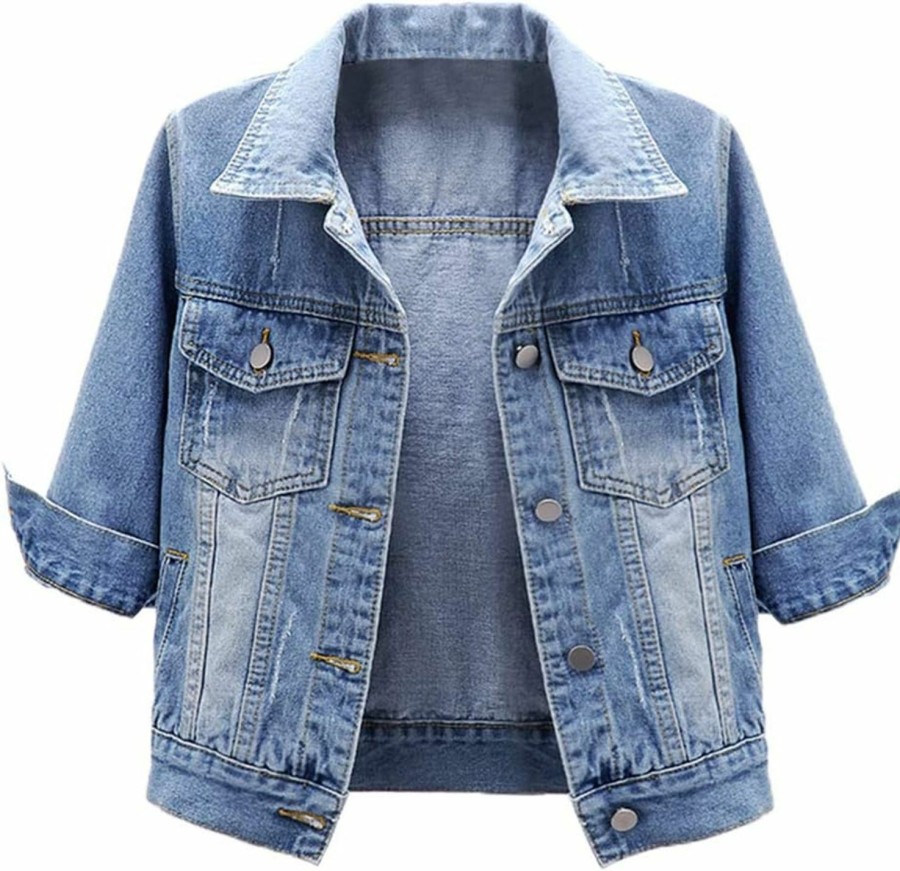 LifeShe Lifeshe Women'S 3/4 Sleeve Short Denim Jacket Light Cropped Jean Jackets Coats | Coats, Jackets & Vests