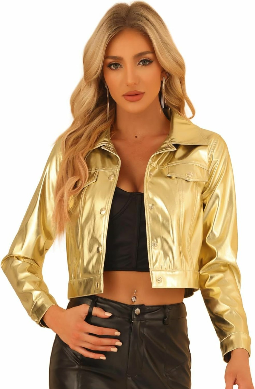 Allegra K Allegra K Metallic Jacket For Women'S Moto Biker Jacket Holographic Shiny Crop Party Jackets | Coats, Jackets & Vests