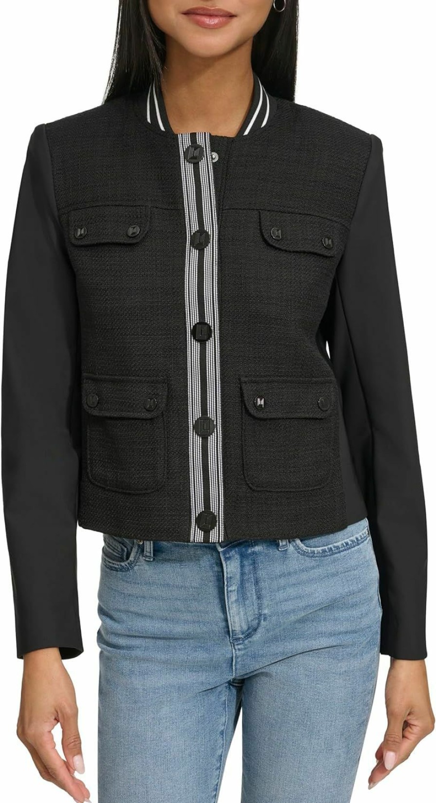 Karl Lagerfeld Paris Karl Lagerfeld Paris Women'S Grogain Stripe Detail Tweed Bomber Jacket | Coats, Jackets & Vests