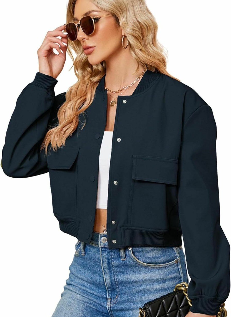 Zando Zando Womens Bomber Jacket Button Down Short Cropped Jackets Long Sleeve Baseball Varsity Jacket Casual Jackets With Pockets | Coats, Jackets & Vests