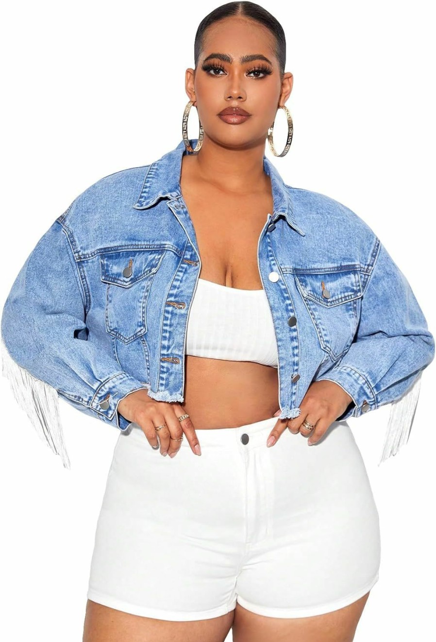 WDIRARA Wdirara Women'S Plus Size Fringe Trim Raw Hem Long Sleeve Button Front Short Denim Jacket | Coats, Jackets & Vests