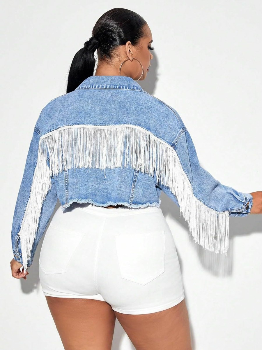 WDIRARA Wdirara Women'S Plus Size Fringe Trim Raw Hem Long Sleeve Button Front Short Denim Jacket | Coats, Jackets & Vests