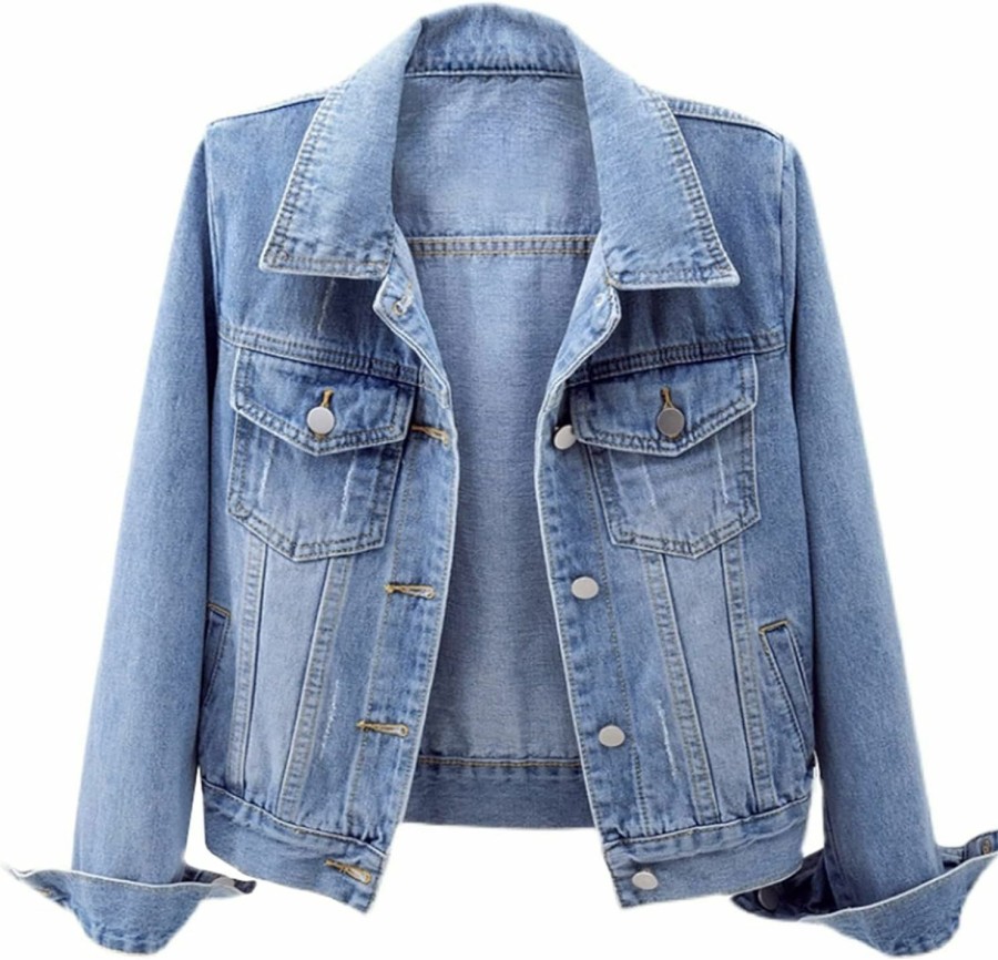 LifeShe Lifeshe Women'S Basic Long Sleeve Button Down Distressed Denim Jackets Jean Jacket Coat | Coats, Jackets & Vests