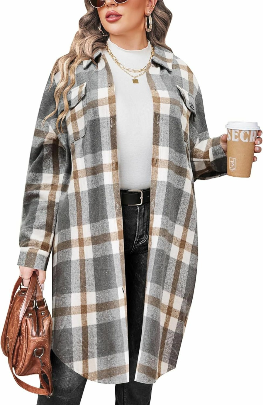 IN'VOLAND In'Voland Womens Plus Size Flannel Plaid Shirts Long Sleeve Lounge Lapel Boyfriend Button Down Tartan Long Jacket Coats | Coats, Jackets & Vests