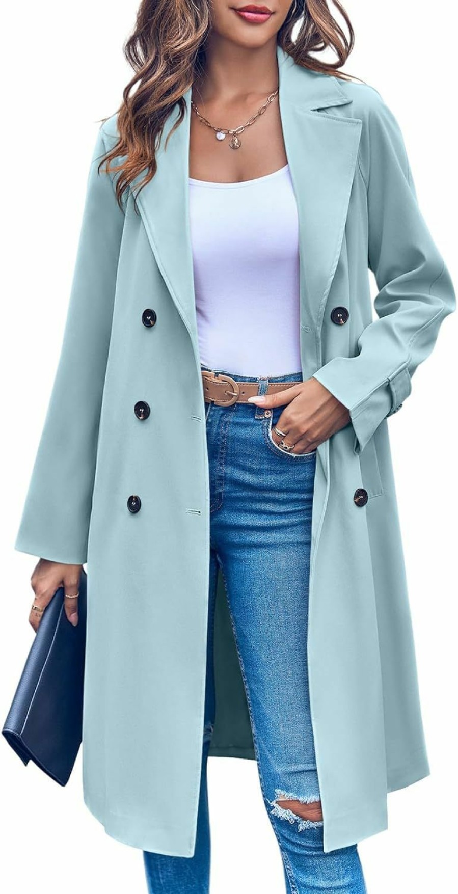 Ladiyo Ladiyo Women'S Double Breasted 3/4 Long Trench Coat Elegant Windproof Lapel Belted Overcoat | Coats, Jackets & Vests