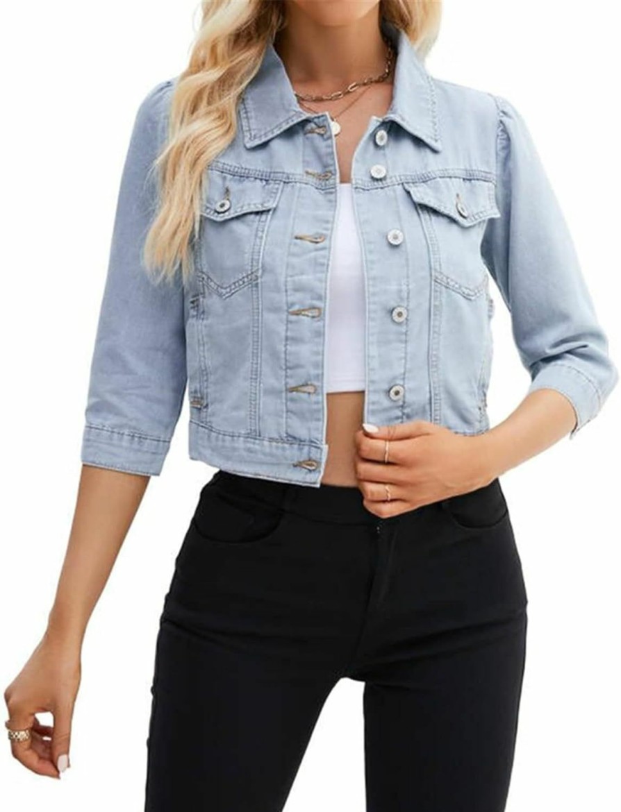 LifeShe Women Cropped Denim Jacket Button Down Collarless Long Sleeve Frayed Hem Jean Jackets | Coats, Jackets & Vests