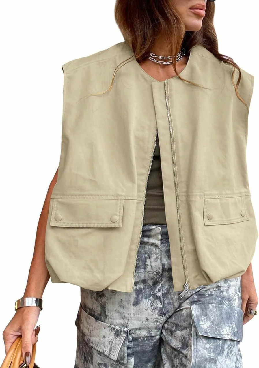 Tankaneo Tankaneo Womens Casual Zip Up Vest Cargo Oversized Ruched Hem Sleeveless Blazer Jackets Tops | Coats, Jackets & Vests