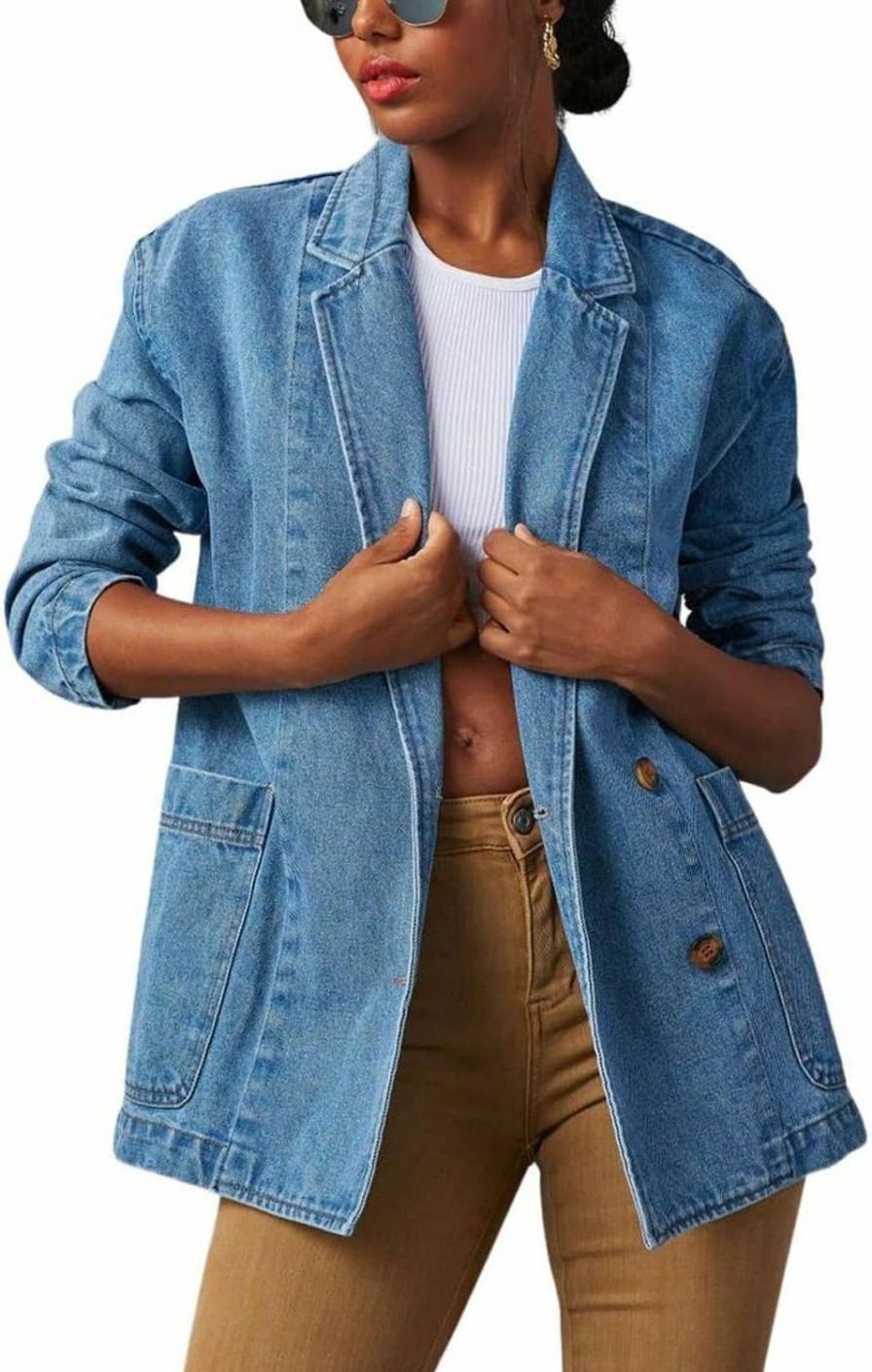 chouyatou Chouyatou Women'S Fall Business Casual Denim Blazer Suit Loose Office Boyfriend Jean Jacket | Coats, Jackets & Vests