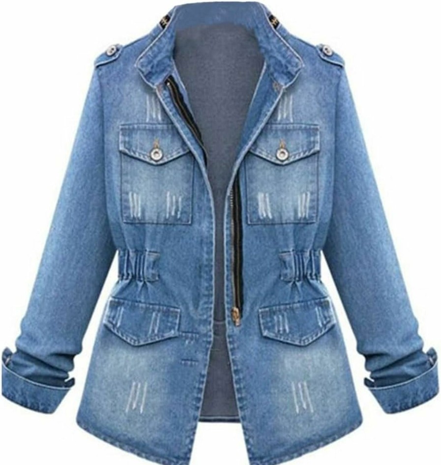 ebossy Ebossy Women'S Casual Blue Denim Jacket Distressed Long Sleeve Washed Trucker Jean Cotton Outwear (X-Large, Blue) | Coats, Jackets & Vests