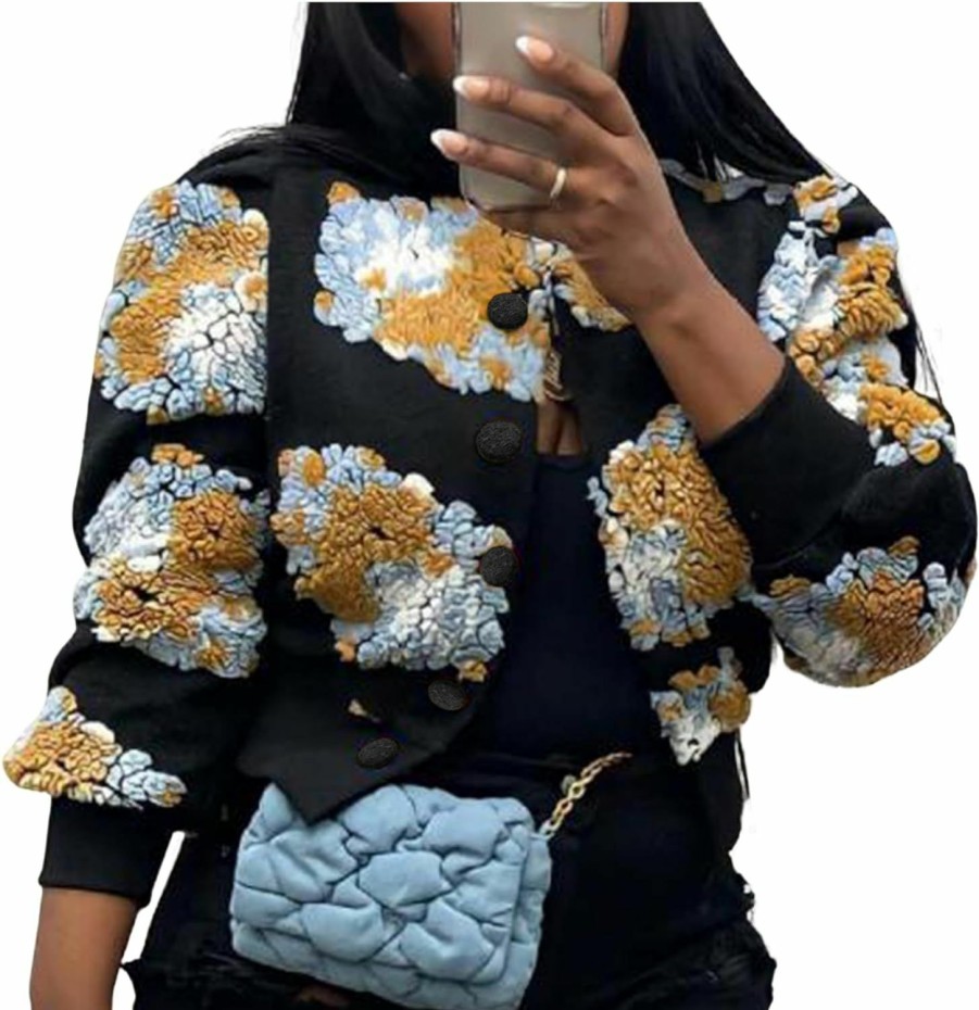 Aimiray Women'S Cropped Floral Print Jacket Long Sleeve Fleece Warm Bomber Jacket Lightweight Button Down Coats | Coats, Jackets & Vests