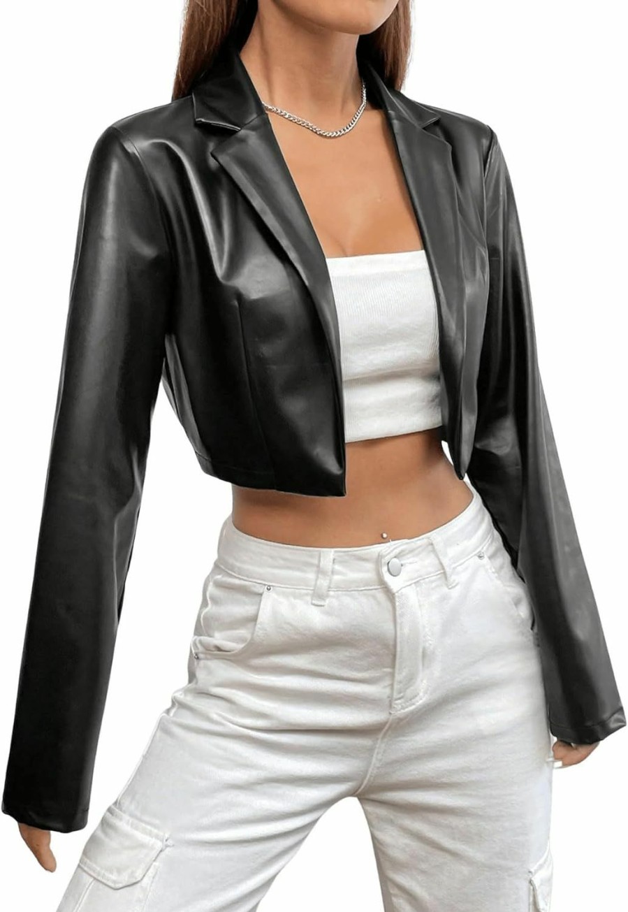 MakeMeChic Makemechic Women'S Faux Pu Leather Lapel Neck Long Sleeve Cropped Jacket Blazer | Coats, Jackets & Vests