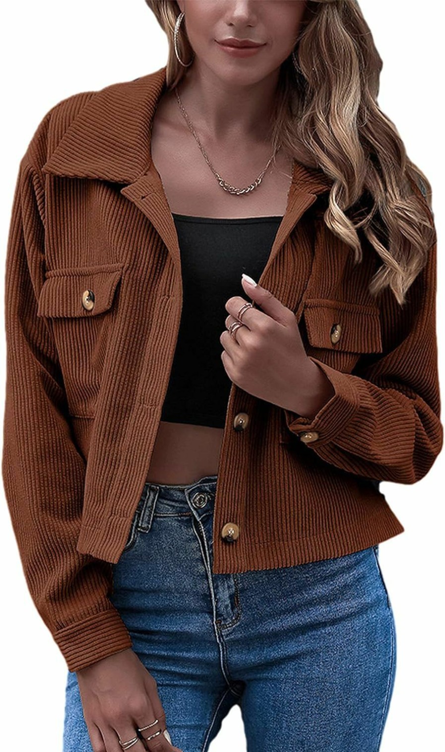 Gihuo Gihuo Women'S Fashion Cropped Shacket Button Down Corduroy Shacket Jackets Casual Plaid Long Sleeve Crop Shirts Jackets Tops | Coats, Jackets & Vests