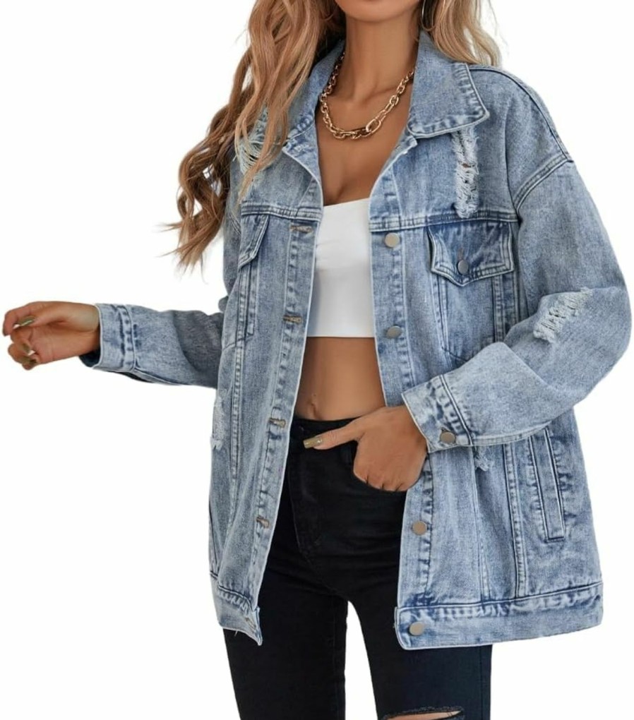 CYLADY Oversize Denim Jacket For Women Ripped Jean Jacket Boyfriend Long Sleeve Trucker Coat | Coats, Jackets & Vests