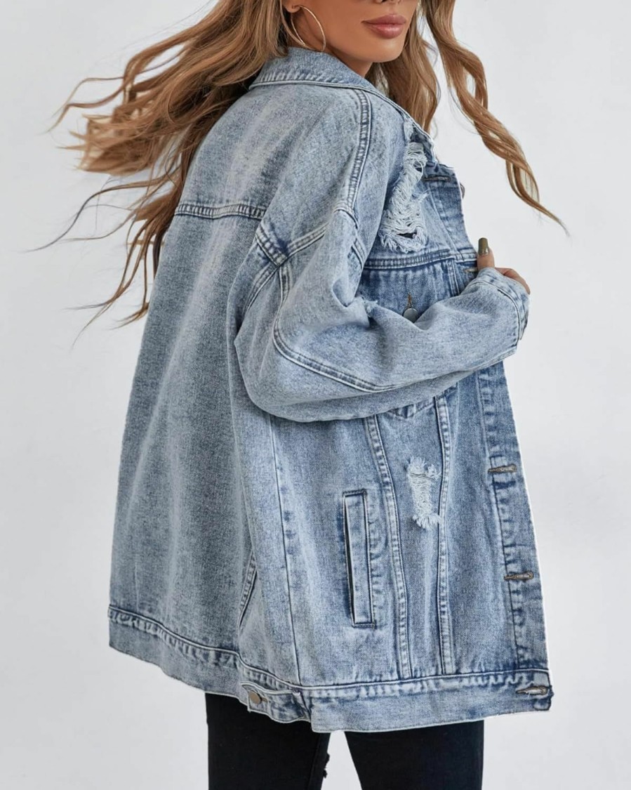 CYLADY Oversize Denim Jacket For Women Ripped Jean Jacket Boyfriend Long Sleeve Trucker Coat | Coats, Jackets & Vests