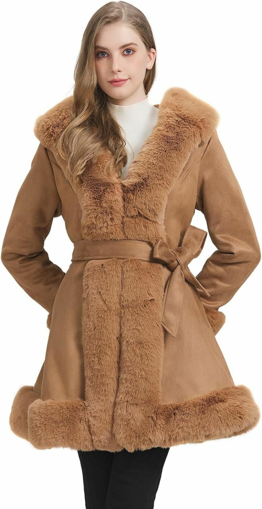 GRAN ORIENTE Gran Oriente Women'S Faux Leather Jacket With Faux Fur Coat Collar Long Sleeve Parka With Pockets Warm Winter Coat With Belt | Coats, Jackets & Vests