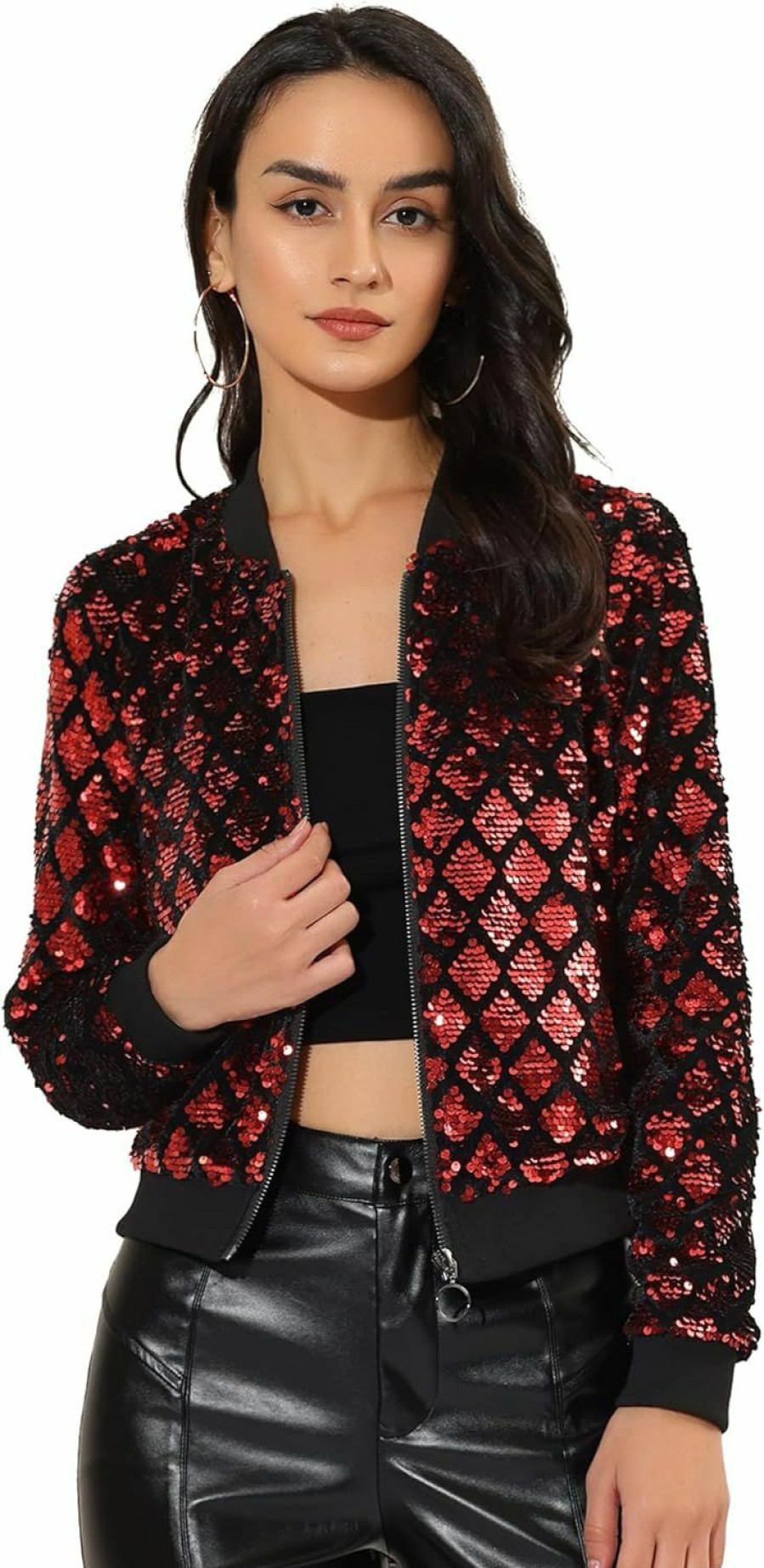 Allegra K Allegra K Women'S Sequin Long Sleeve Zipper Up Glitter Party Bomber Jacket | Coats, Jackets & Vests