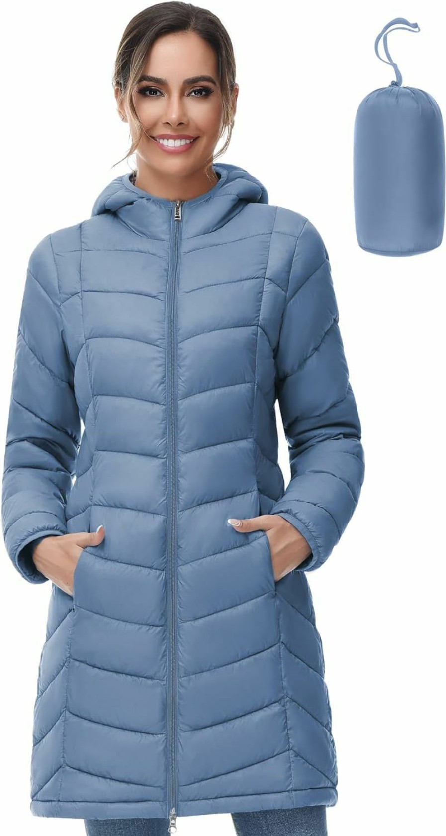 SLOW DOWN Slow Down Women Lightweight Down Puffer Coat, Women Hooded Mid-Length Packable Winter Jacket With 2 Packing Bag | Coats, Jackets & Vests