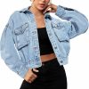 Shebote Women'S Casual Cropped Denim Jacket Western Basic Lapel Button Up Long Sleeve Trucker Jean Jacket Biker Coat Tops | Coats, Jackets & Vests