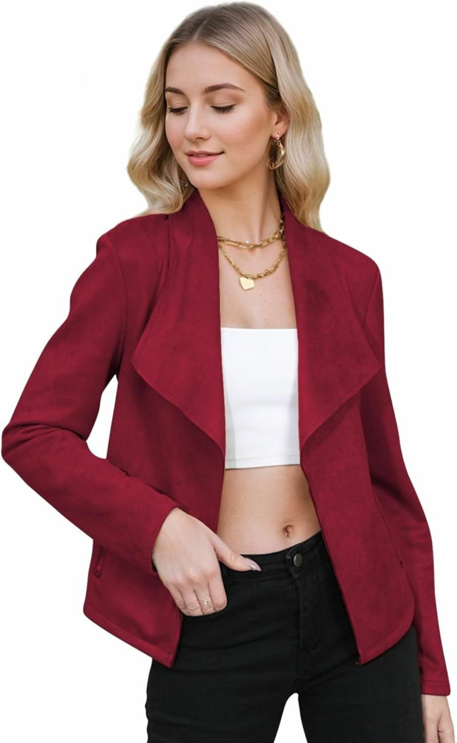 Zando Zando Womens Faux Suede Jacket Open Front Womens Bomber Cropped Jacket With Pockets Outwear Long Sleeve Fashion Biker Jacket | Coats, Jackets & Vests