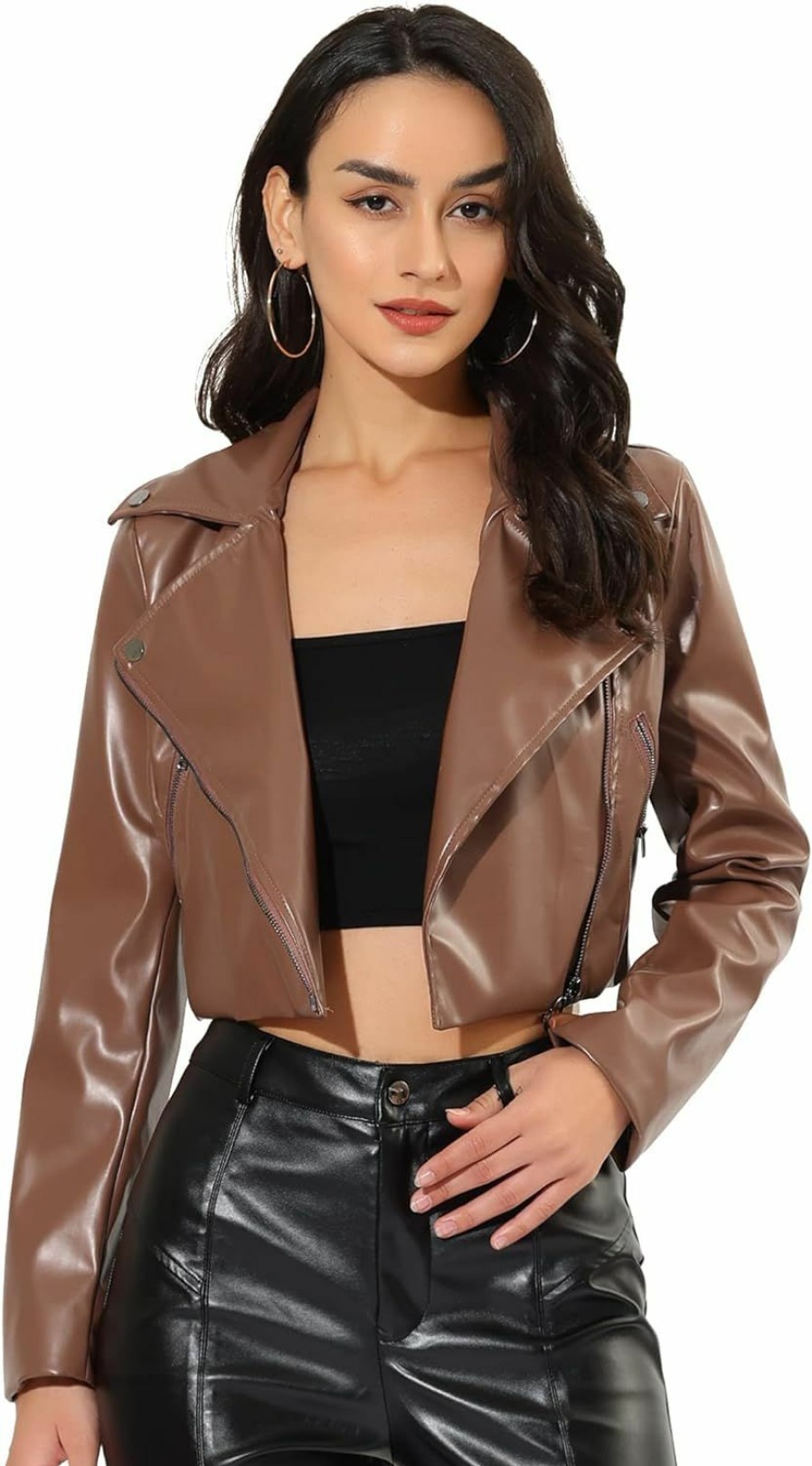 Allegra K Allegra K Women'S Faux Leather Long Sleeve Zipper Up Moto Cropped Jacket | Coats, Jackets & Vests