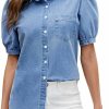 BMJL Bmjl Womens Denim Shirt Business Casual Button Down Work Blouses Puff Sleeve Summer Tops | Coats, Jackets & Vests