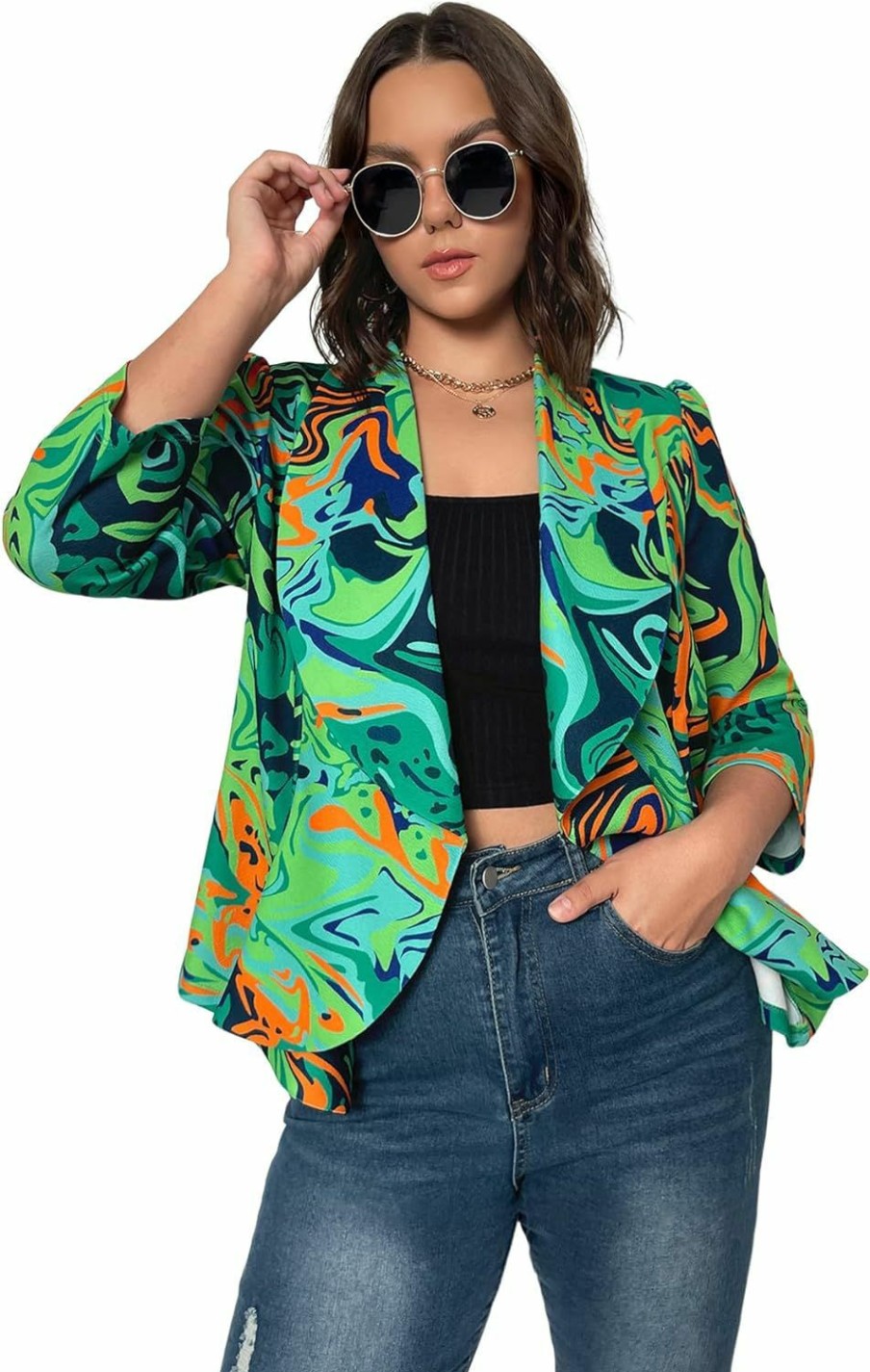 WDIRARA Wdirara Women'S Printed Open Front 3/4 Sleeve Blazer Ruffle Jacket Outerwear | Coats, Jackets & Vests