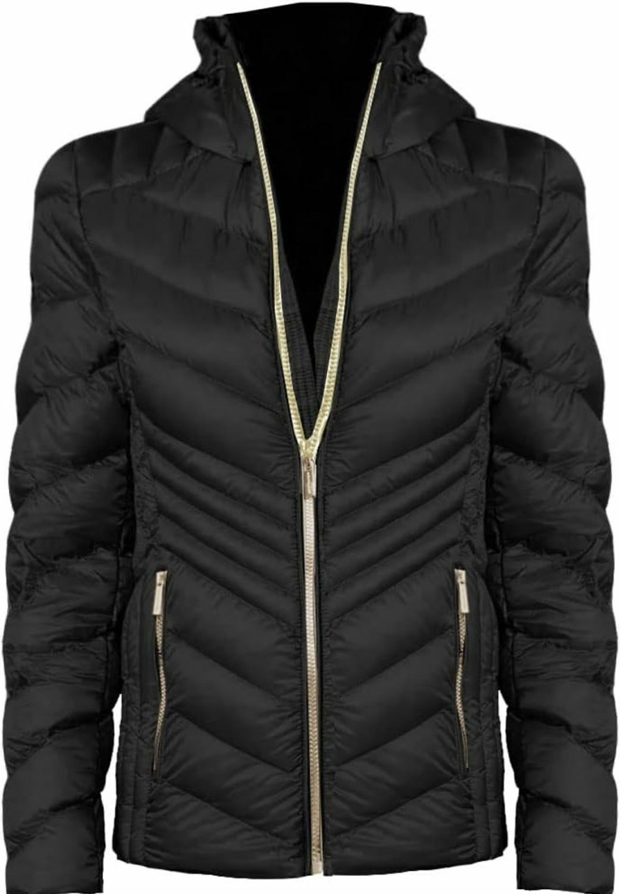 Michael Michael Kors Michael Michael Kors Women'S Black Chevron Double Layer Zipper 3/4 Hooded Packable Coat Large | Coats, Jackets & Vests