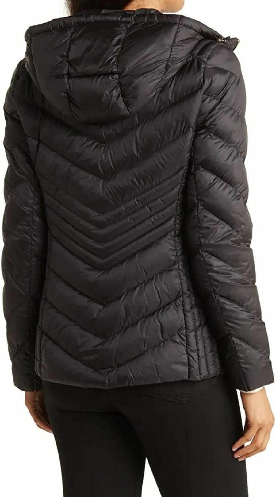 Michael Michael Kors Michael Michael Kors Women'S Black Chevron Double Layer Zipper 3/4 Hooded Packable Coat Large | Coats, Jackets & Vests