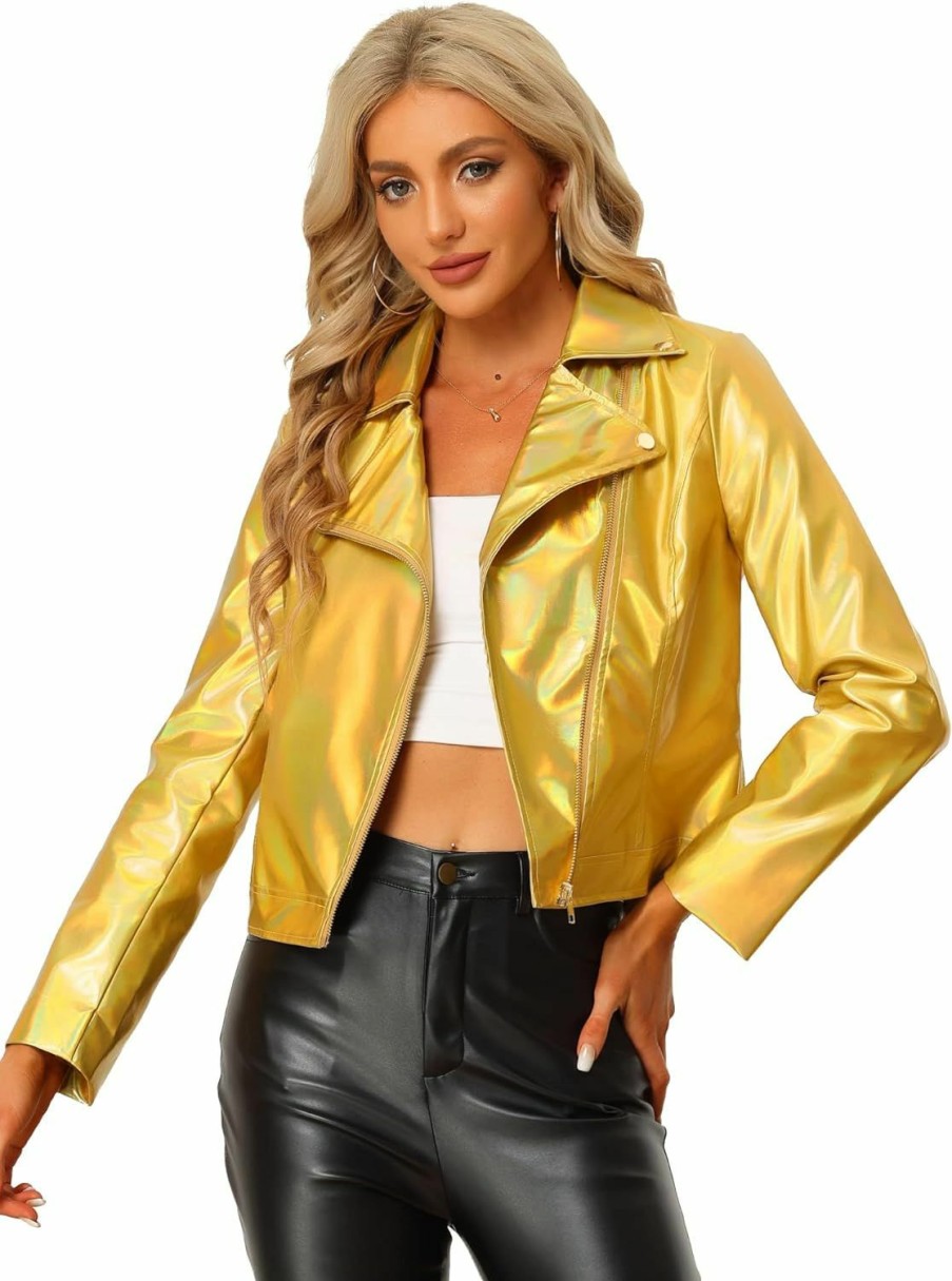 Allegra K Allegra K Metallic Jacket For Women'S Biker Shiny Holographic Jacket | Coats, Jackets & Vests