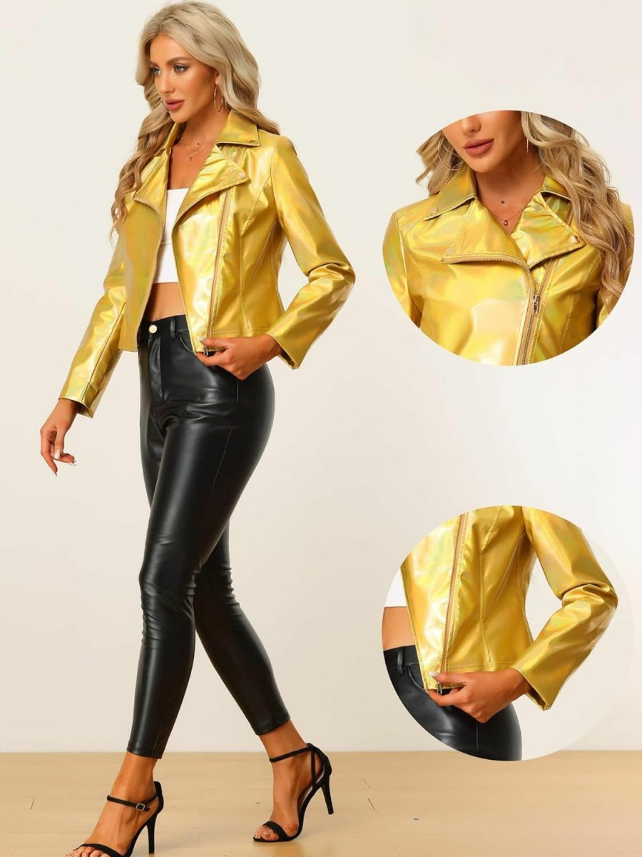 Allegra K Allegra K Metallic Jacket For Women'S Biker Shiny Holographic Jacket | Coats, Jackets & Vests