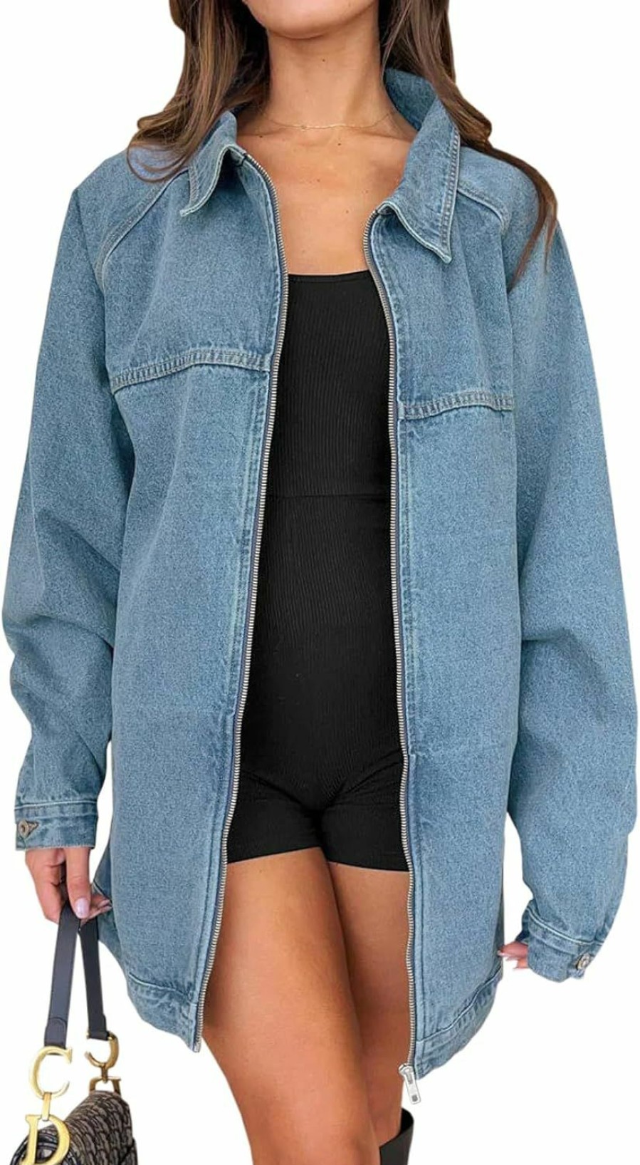 Tankaneo Tankaneo Womens Oversized Denim Jackets Casual Zip Up Spring Long Sleeve Jean Jacket With Pocket | Coats, Jackets & Vests