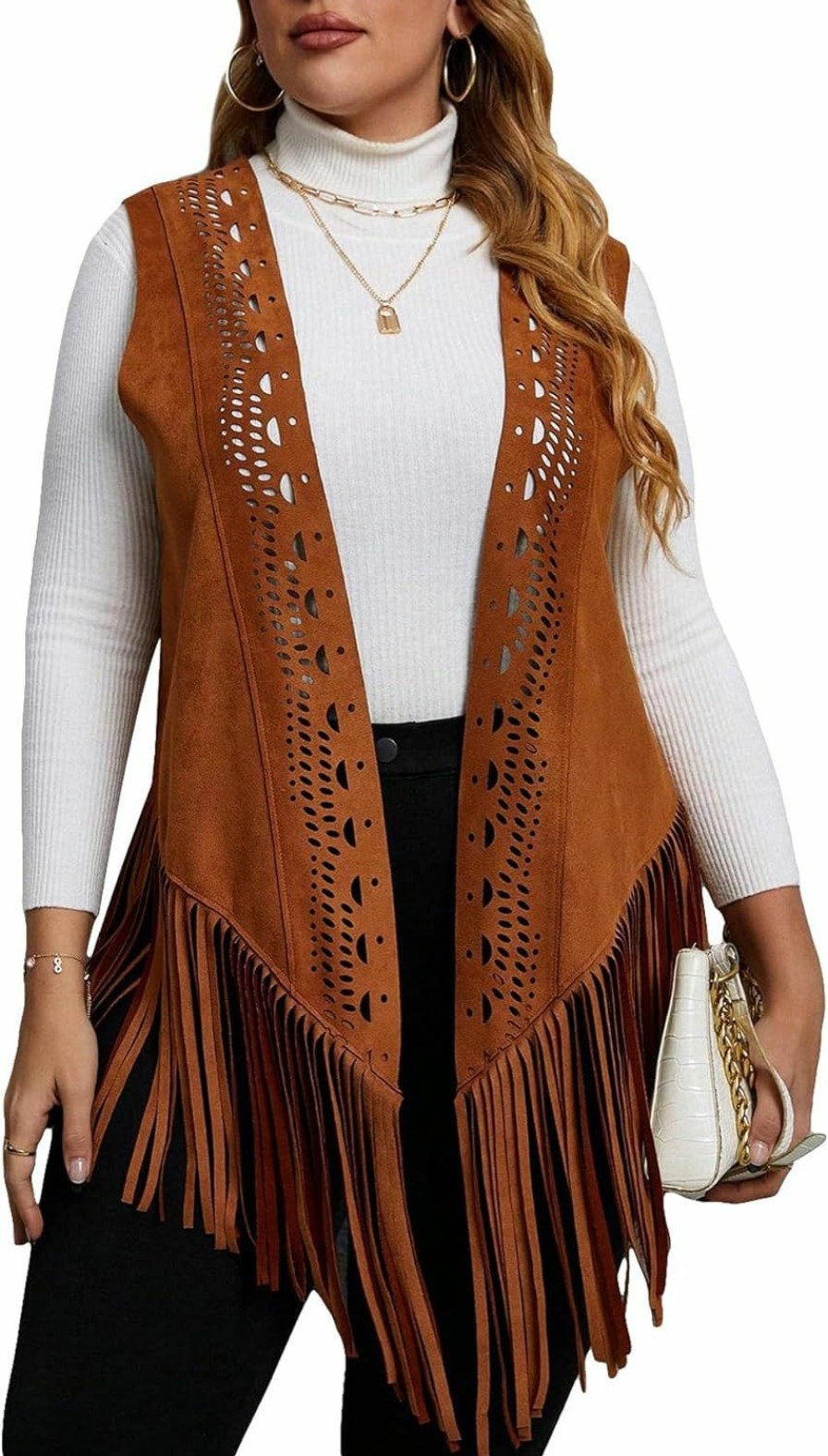 Floerns Floerns Women'S Plus Size Laser Cut Out Sleeveless Open Front Fringe Vest Coat | Coats, Jackets & Vests