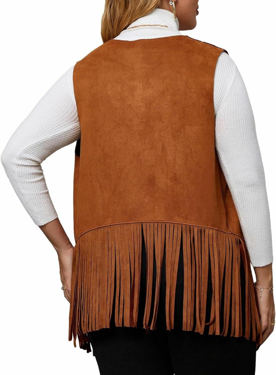 Floerns Floerns Women'S Plus Size Laser Cut Out Sleeveless Open Front Fringe Vest Coat | Coats, Jackets & Vests