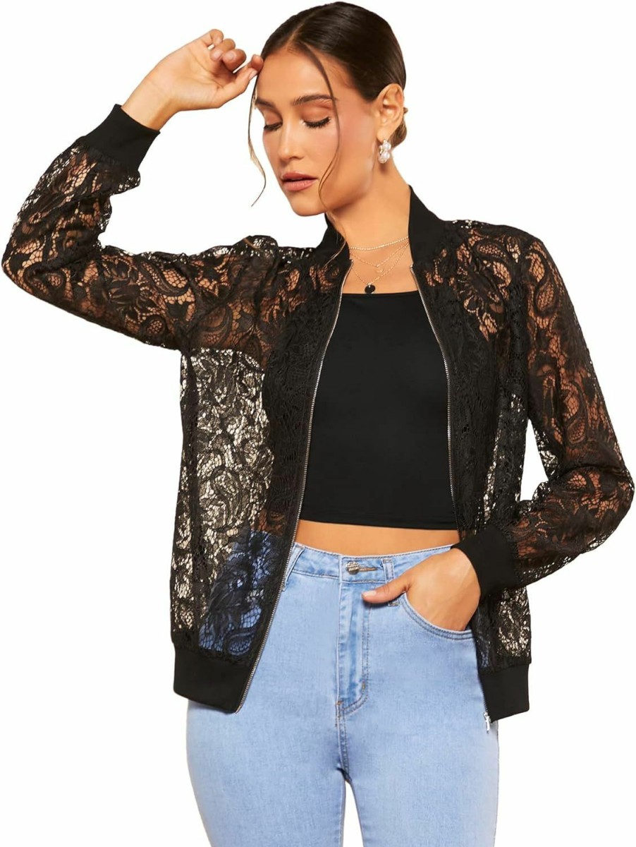 Verdusa Verdusa Women'S Sheer Floral Lace Long Sleeve Zip Up Baseball Jacket Coat | Coats, Jackets & Vests