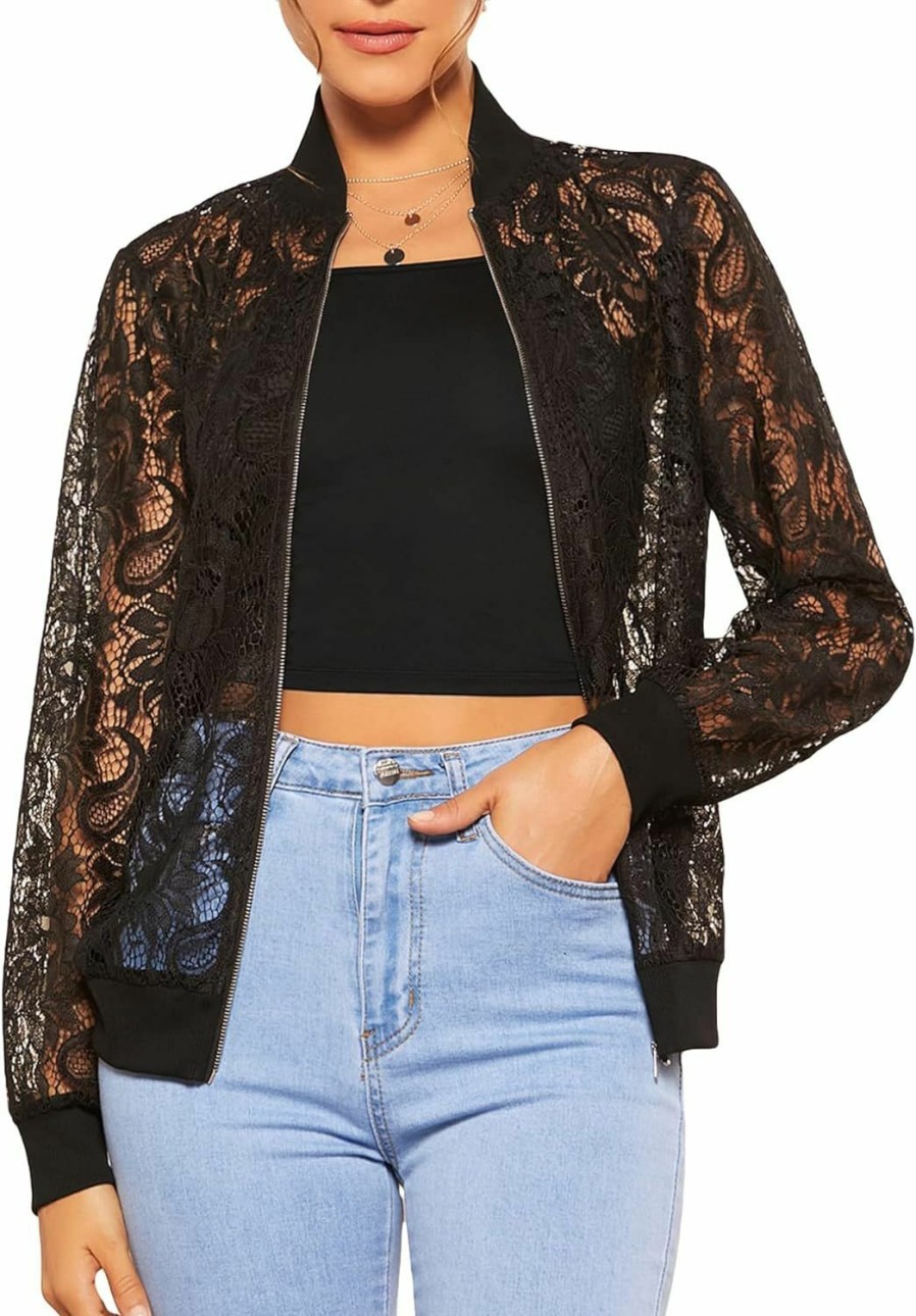 Verdusa Verdusa Women'S Sheer Floral Lace Long Sleeve Zip Up Baseball Jacket Coat | Coats, Jackets & Vests