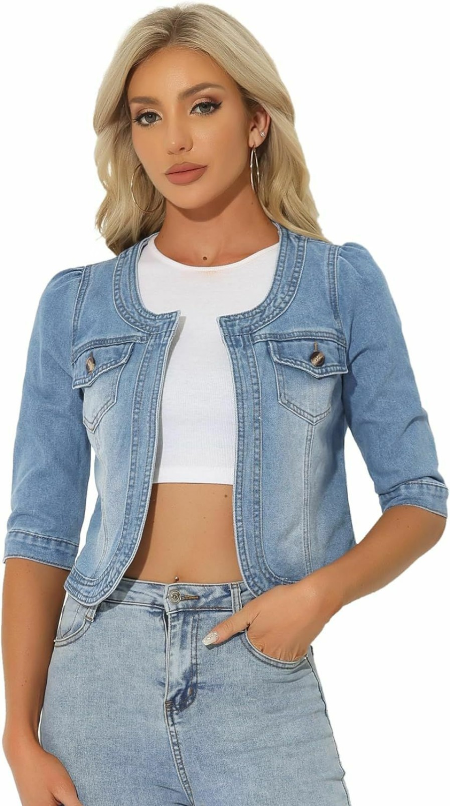 Allegra K Allegra K Denim Jacket For Women'S Collarless 2024 Cardigan Chest Pockets 3/4 Sleeve Crop Jean Jackets | Coats, Jackets & Vests