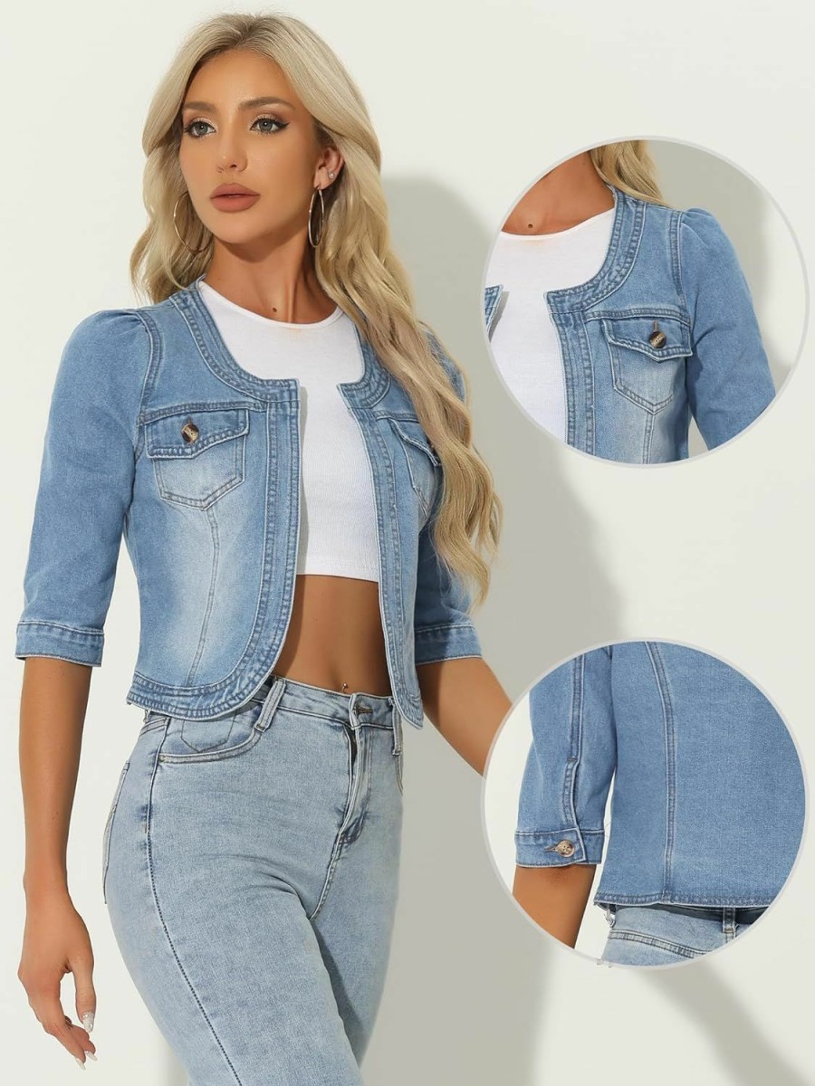 Allegra K Allegra K Denim Jacket For Women'S Collarless 2024 Cardigan Chest Pockets 3/4 Sleeve Crop Jean Jackets | Coats, Jackets & Vests