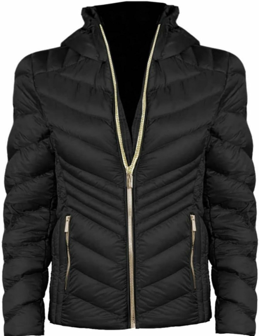 Michael Michael Kors Michael Michael Kors Women'S Black Chevron Double Layer Zipper 3/4 Hooded Packable Coat | Coats, Jackets & Vests