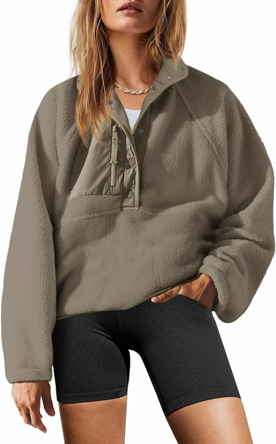 Yanekop Yanekop Womens Fuzzy Fleece Pullover Sherpa Sweatshirt Long Sleeve Button Down Sweater Jacket With Pockets | Coats, Jackets & Vests