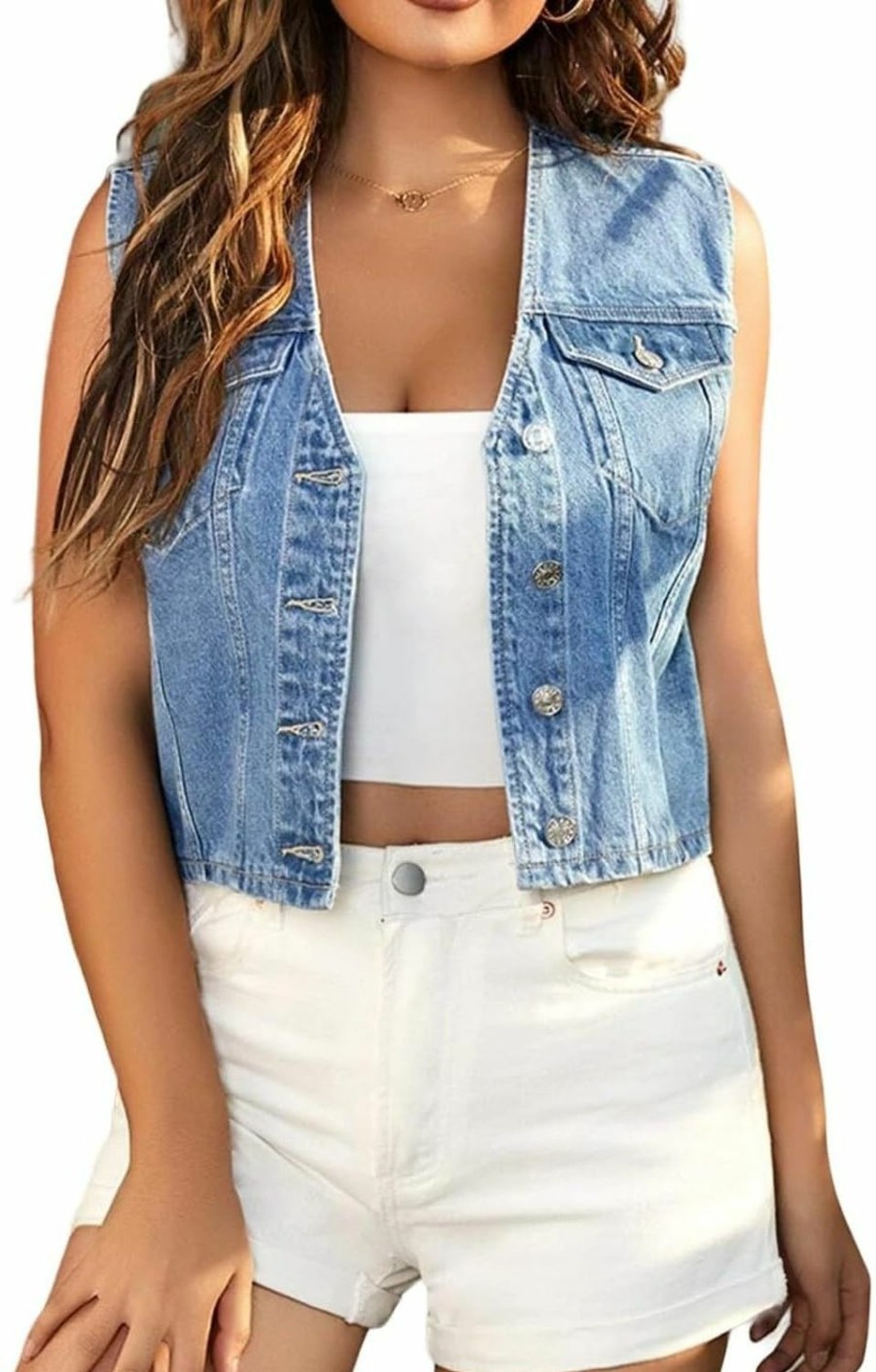 LifeShe Lifeshe Women'S Cropped Denim Vest Top Casual V Neck Button Down Sleeveless Jean Jacket Waistcoat | Coats, Jackets & Vests