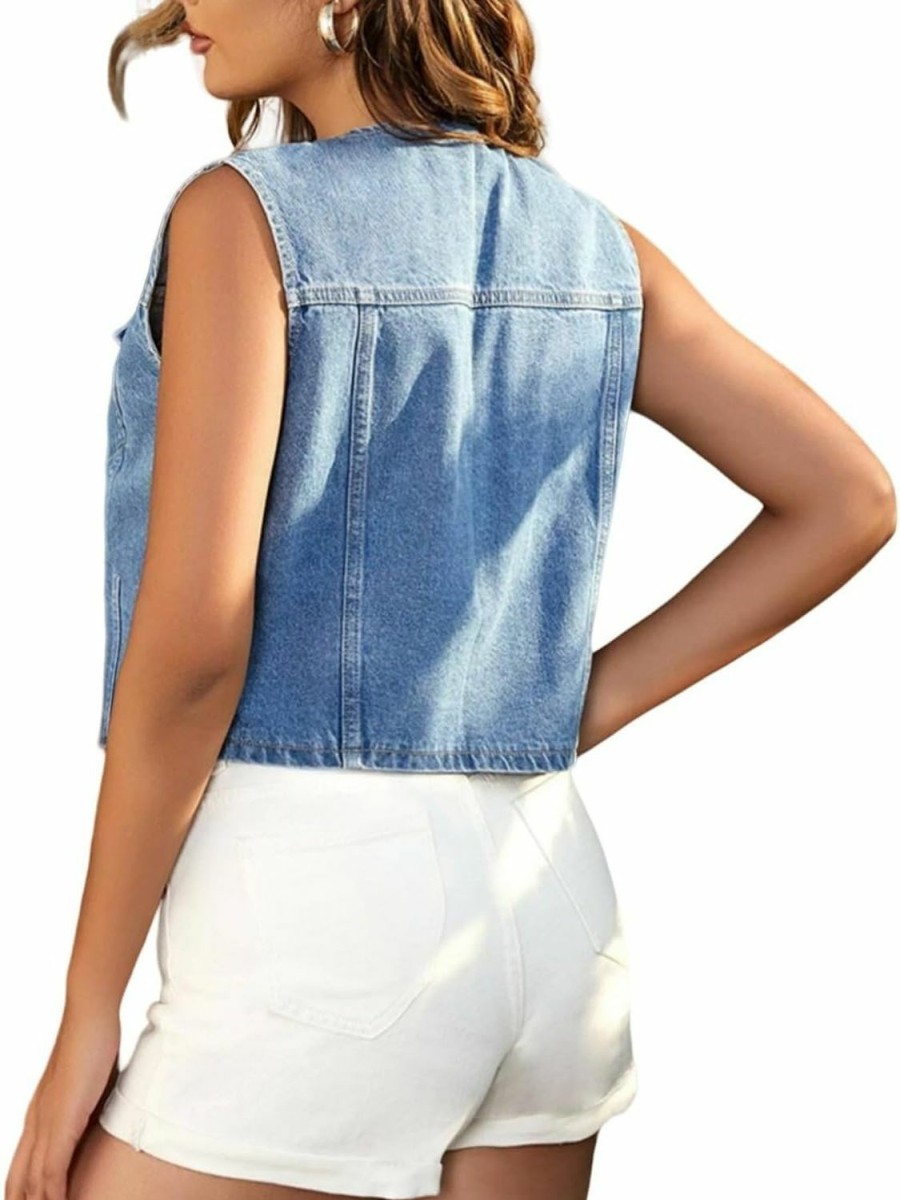 LifeShe Lifeshe Women'S Cropped Denim Vest Top Casual V Neck Button Down Sleeveless Jean Jacket Waistcoat | Coats, Jackets & Vests