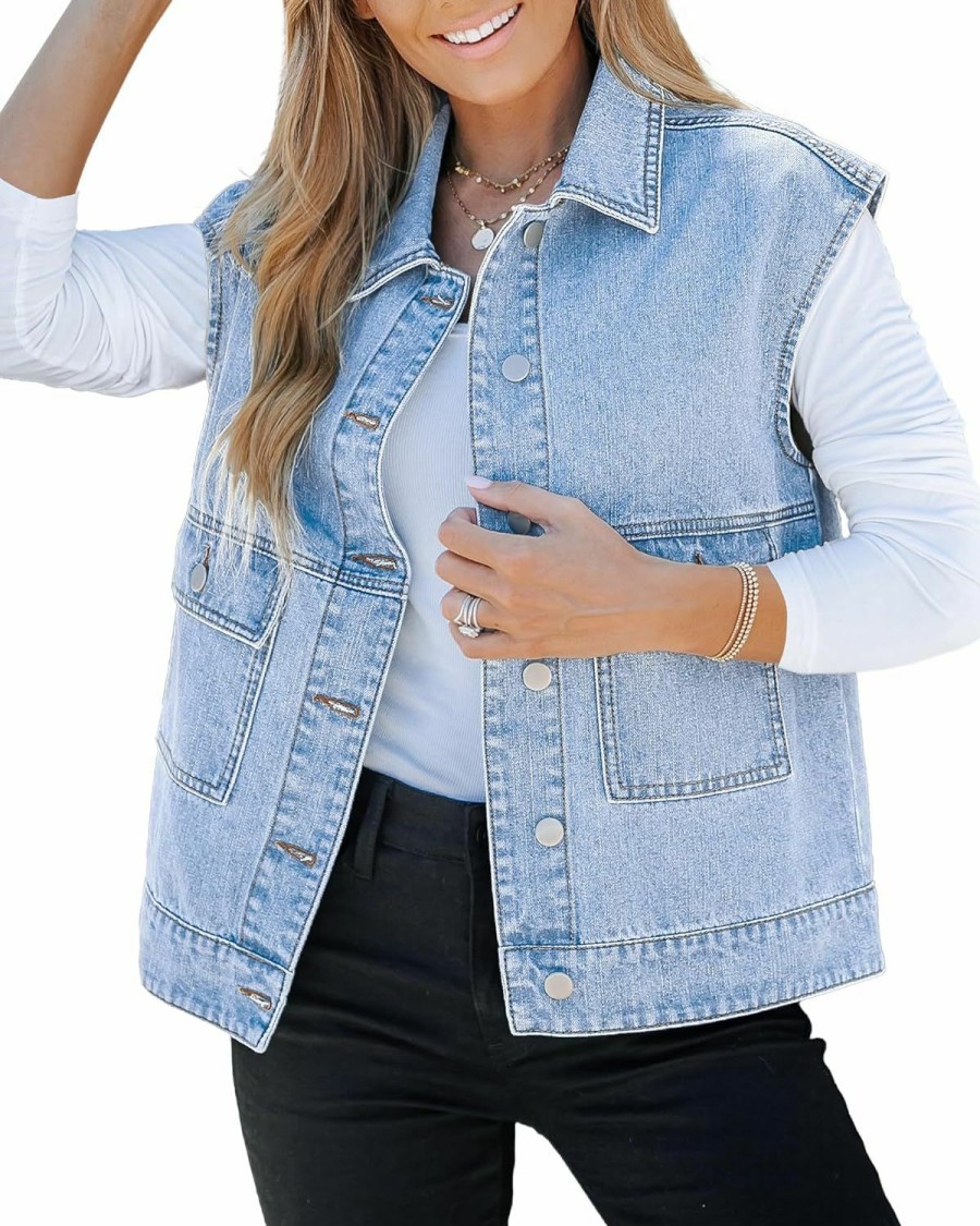 luvamia Luvamia Denim For Women Oversized Button Down Sleeveless Jean Jacket Fashion Casual Western Outerwear With Pockets | Coats, Jackets & Vests