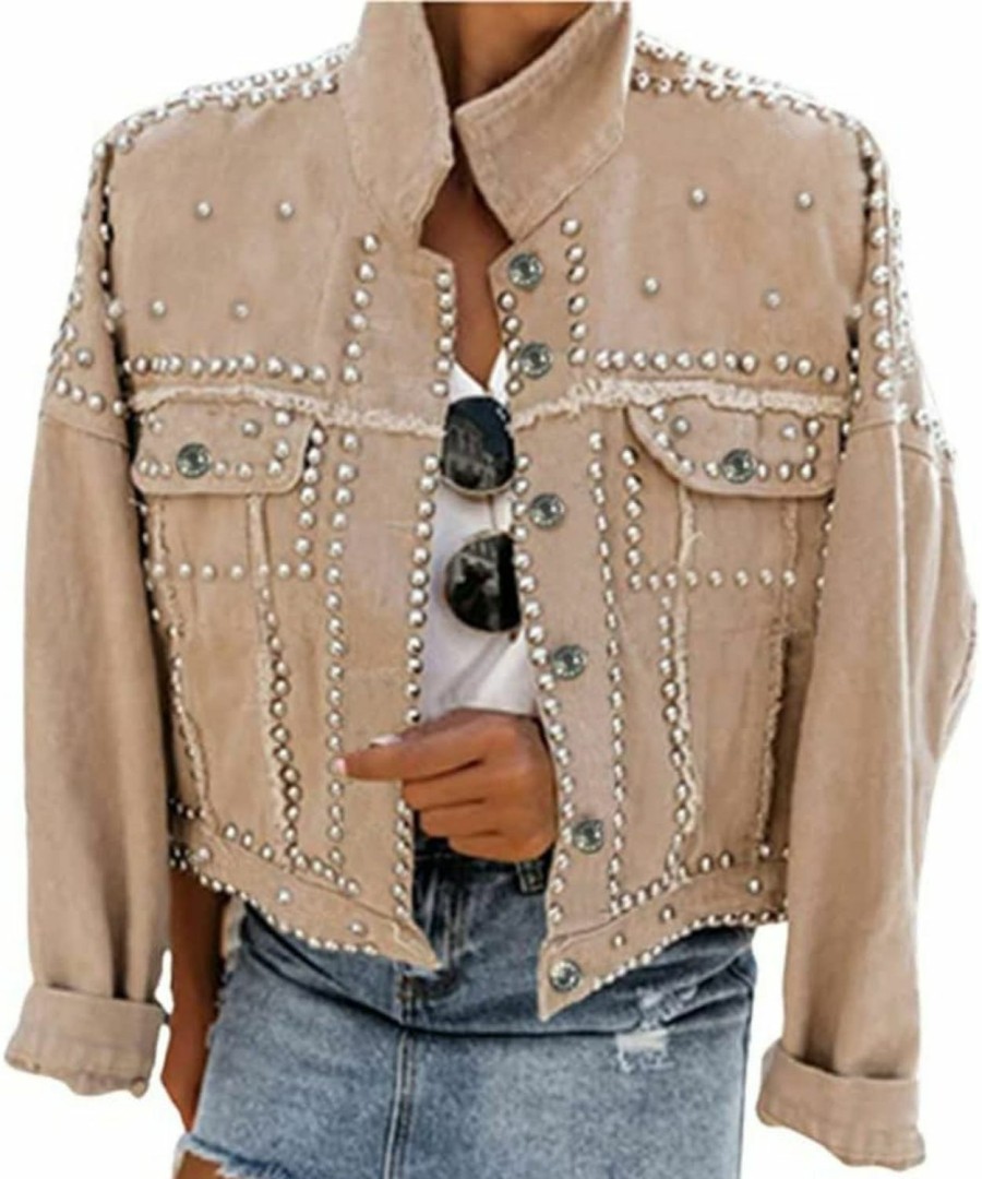 PUWEI Puwei Dressy Rivet Studded White Cropped Jean Jacket Women Western Distressed Washed Denim Coat | Coats, Jackets & Vests