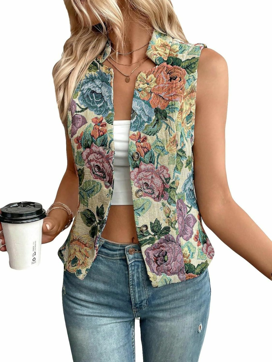 WDIRARA Wdirara Women'S Floral Print Waistcoat Notched Neck Button Front Single Breasted Slim Fit Vest Blazer | Coats, Jackets & Vests