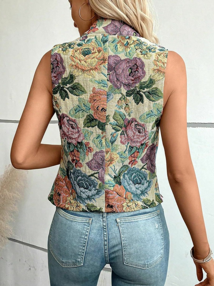 WDIRARA Wdirara Women'S Floral Print Waistcoat Notched Neck Button Front Single Breasted Slim Fit Vest Blazer | Coats, Jackets & Vests