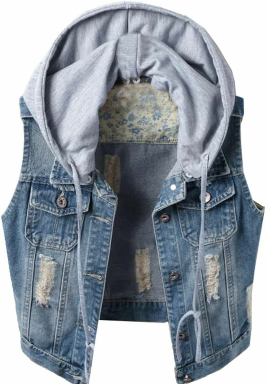 Kedera Kedera Women'S Distressed Sleeveless Denim Vest With Detachable Hoodie | Coats, Jackets & Vests