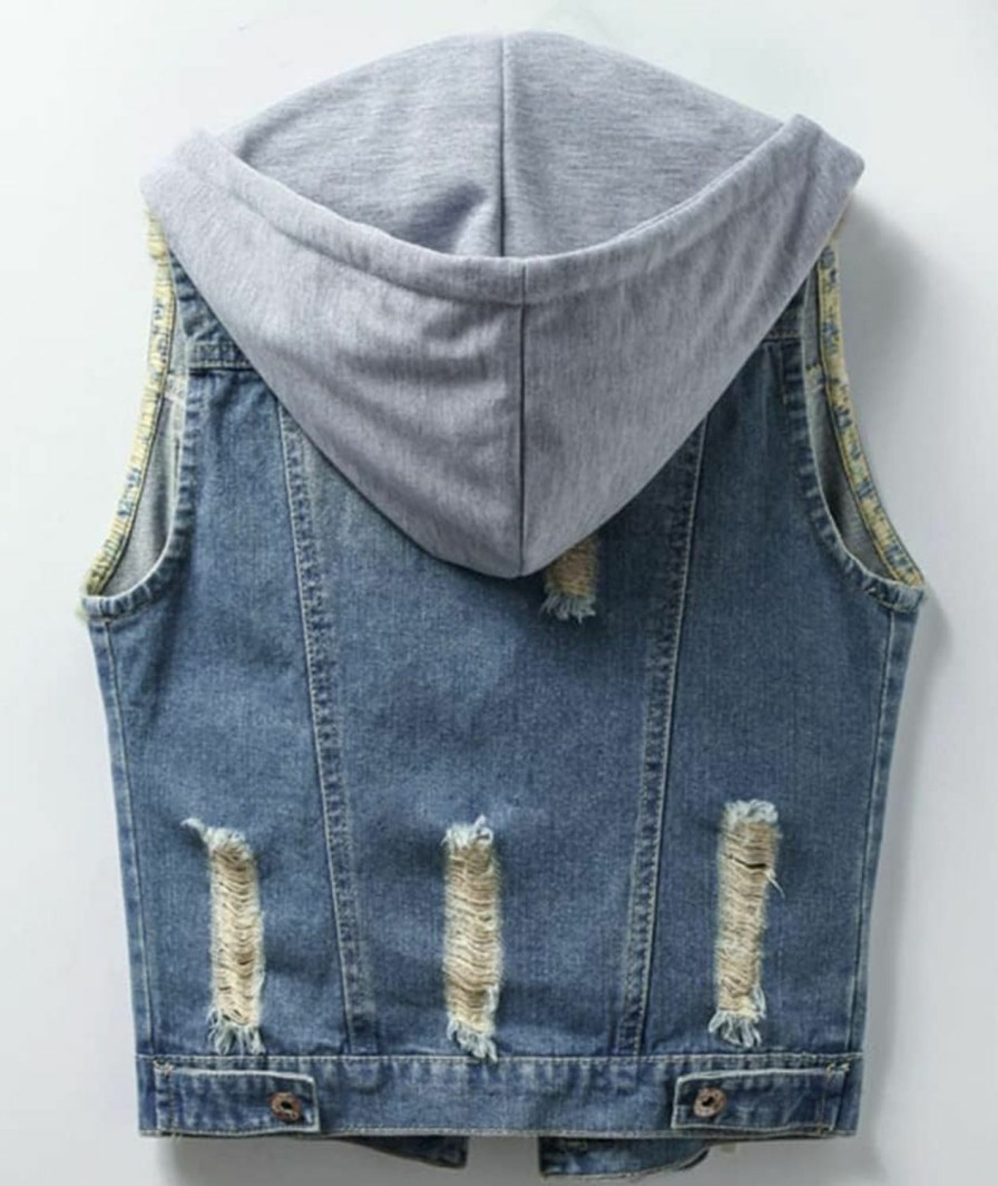 Kedera Kedera Women'S Distressed Sleeveless Denim Vest With Detachable Hoodie | Coats, Jackets & Vests