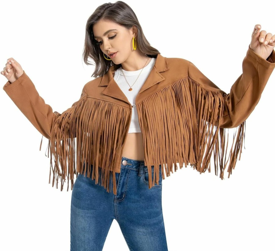 WELLATENT Fringe Jacket, Western Cowgirl Faux Suede Leather Jacket Tassel Crop Moto Top Country Concert Outfits For Women. | Coats, Jackets & Vests